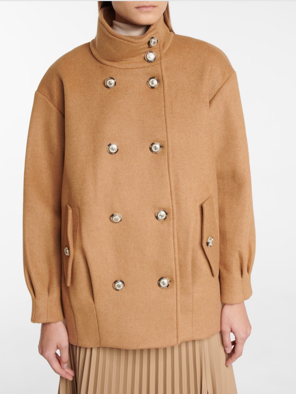 New Veronica Beard Cassie Pleated Wool Jacket Camel Peacoat Large